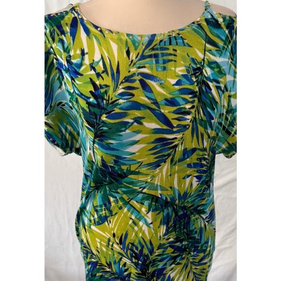 Cache Small Viscose Sweater Short Sleeve Green Tropical Lightweight Sweater - Picture 2 of 7